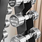 METIS Chrome Dumbbells on a rack
