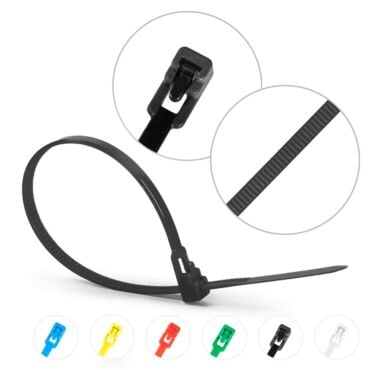 Releasable Cable Ties available in black, white, green, red, blue, yellow