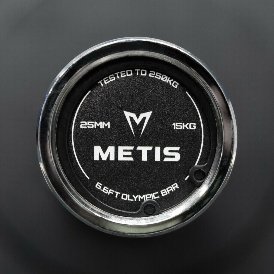 METIS brand logo on end of barbell