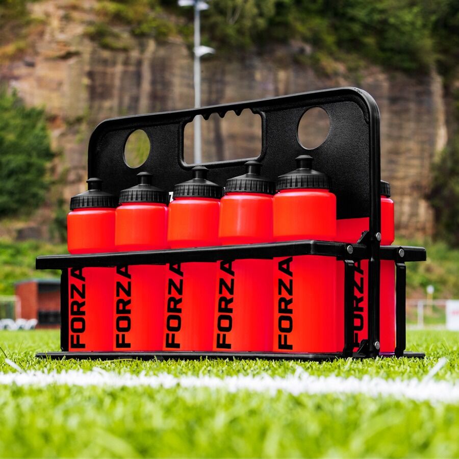 10 Red Water Bottles & Foldable Bottle Carrier