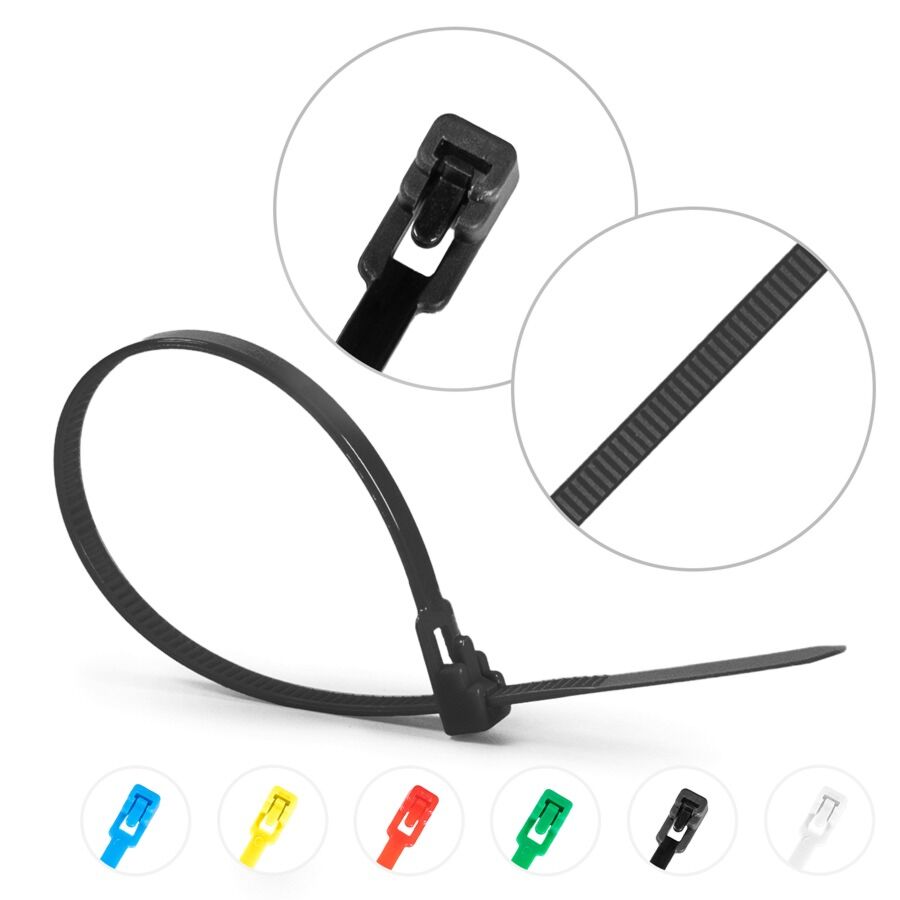 Releasable Cable Ties available in black, white, green, red, blue, yellow