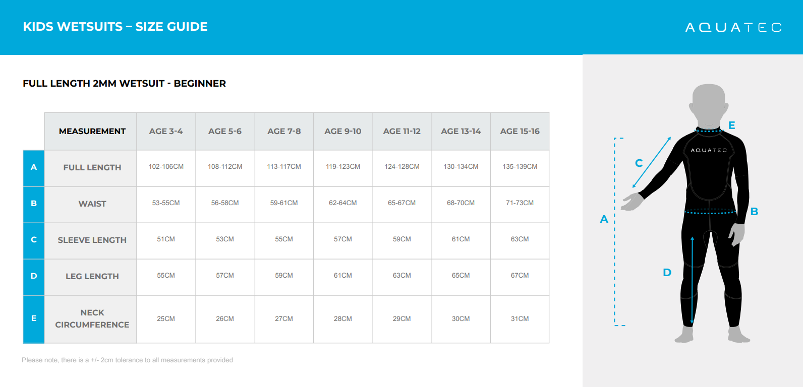 full size wetsuit for kids - size chart
