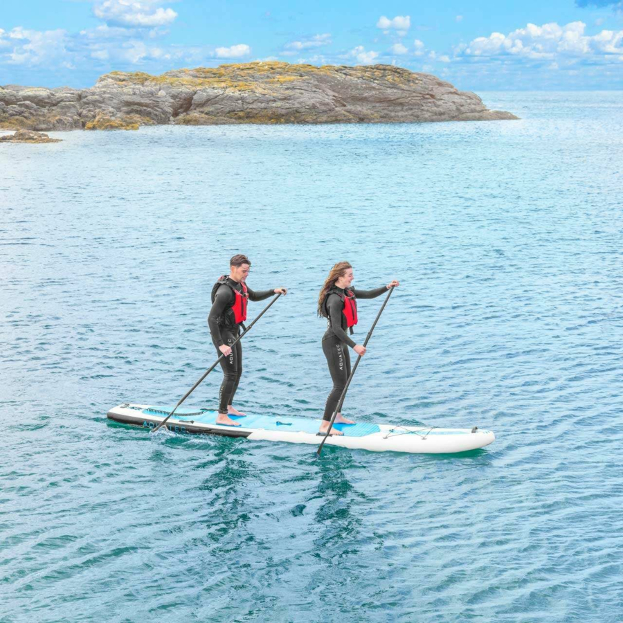 2 paddleboaders in wetsuits